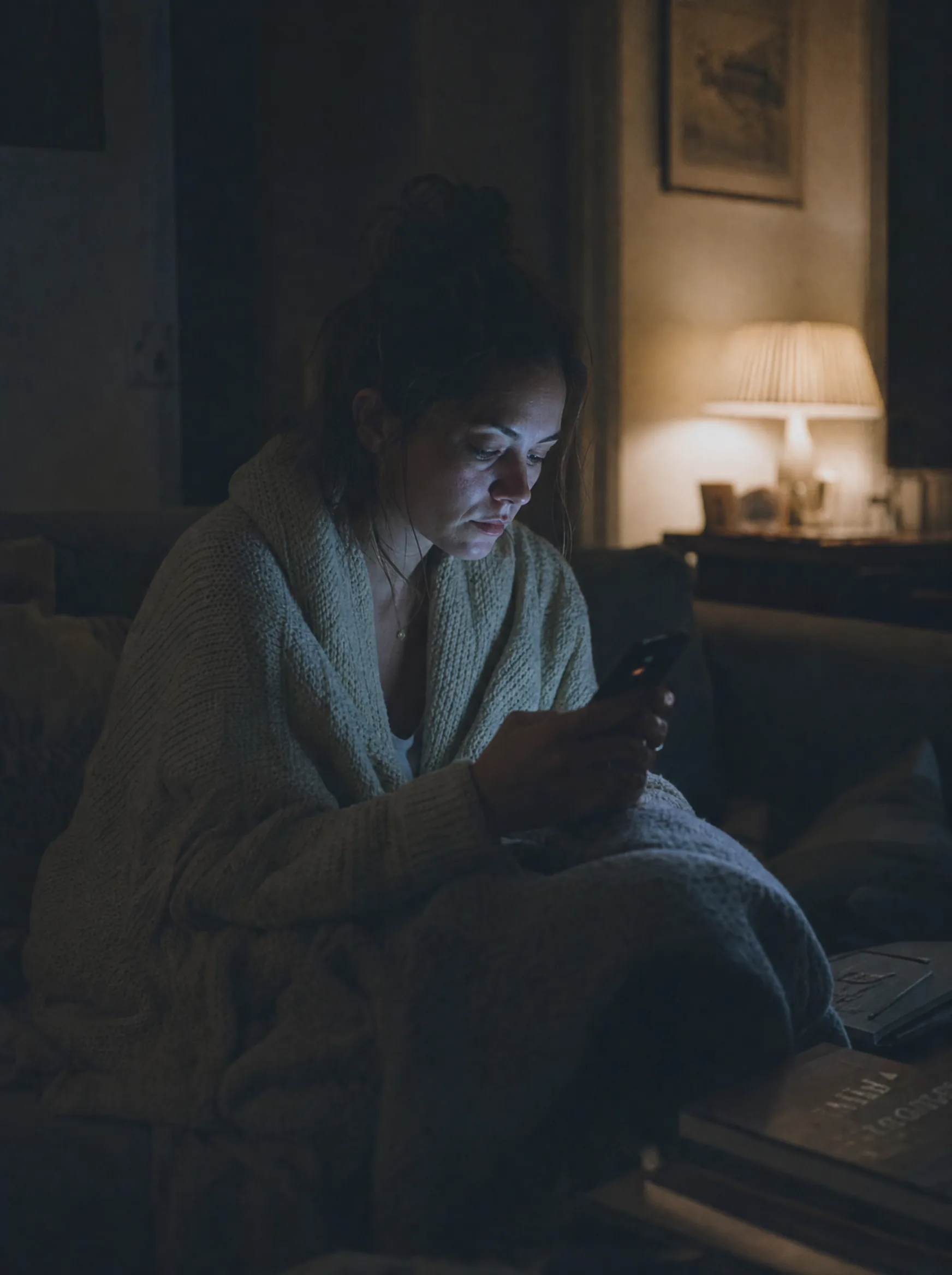 Mom on her phone at midnight after a hard evening